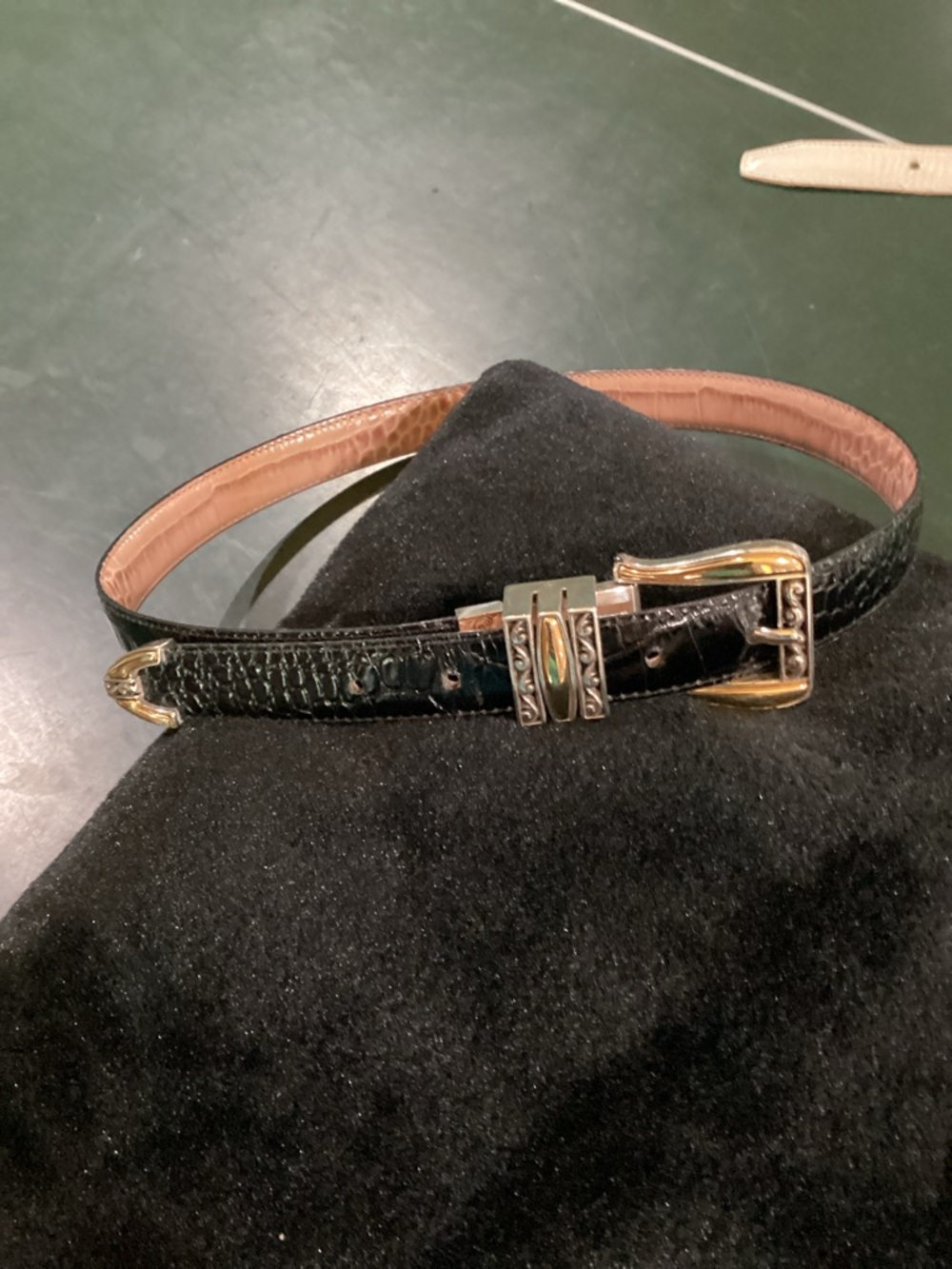 Brighton Black Croc-Embossed Leather Belt with Gold Buckle